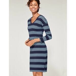 T By Talbots Shift Dress Womens M Navy Stripe Sna. Hem V-Neck Slub Terry UPF